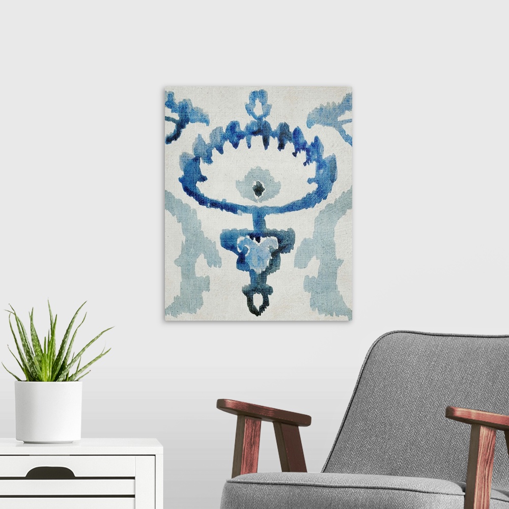 A modern room featuring Sapphire blue bohemian ikat pattern in watercolor.