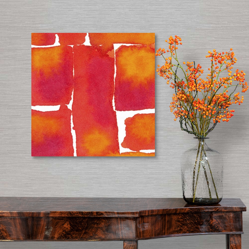 A traditional room featuring Contemporary abstract painting using rich orange and red tones in geometric forms.