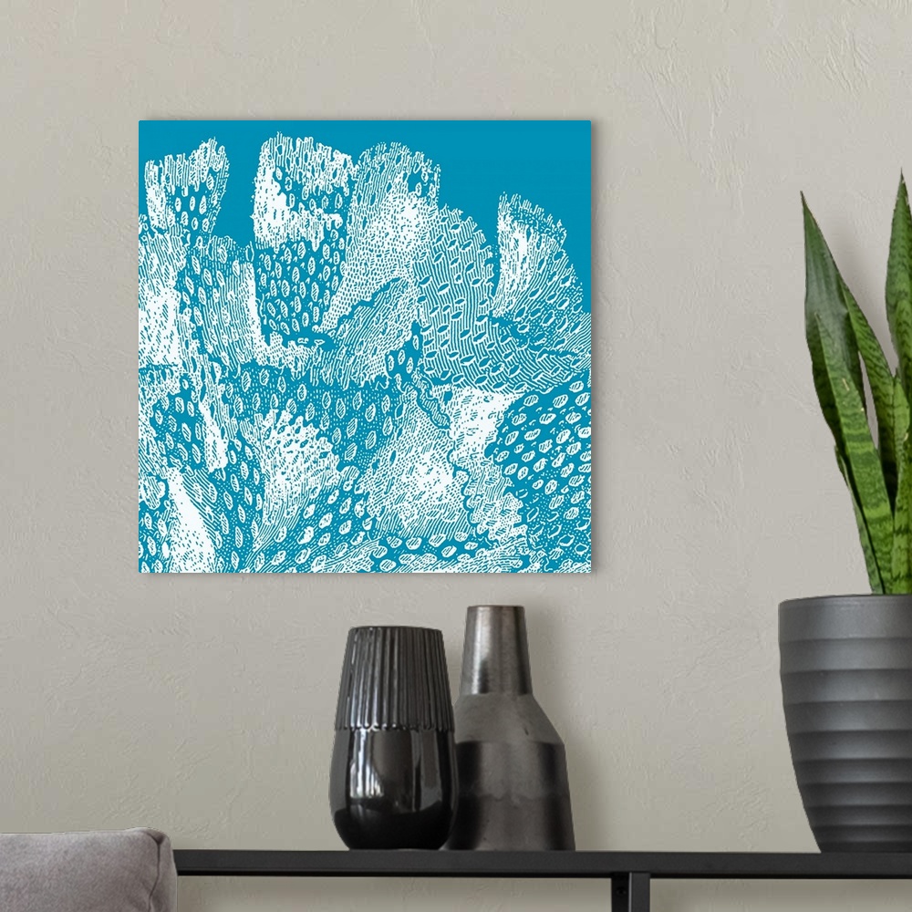 A modern room featuring Square wall art featuring outlines of coral in white on a bright aqua background