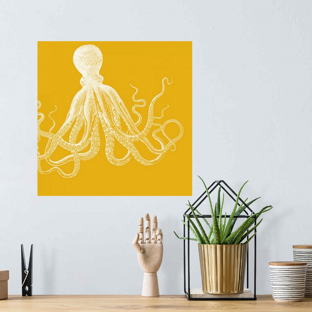 A bohemian room featuring Artwork of an octopus against a bright bold background.