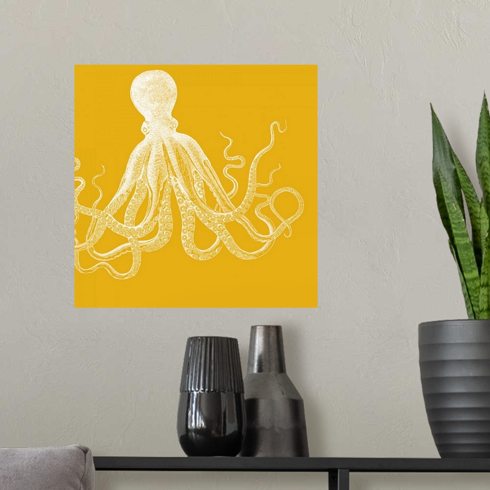 A modern room featuring Artwork of an octopus against a bright bold background.