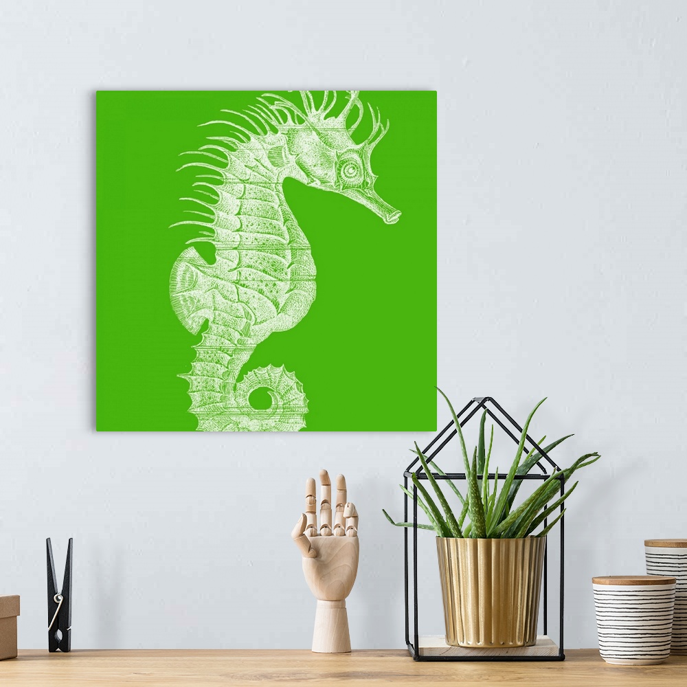 A bohemian room featuring A large seahorse is painted against a bright green background.