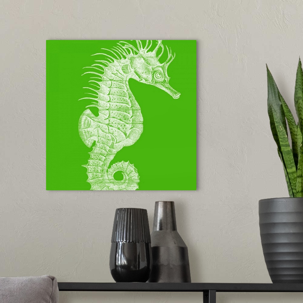 A modern room featuring A large seahorse is painted against a bright green background.