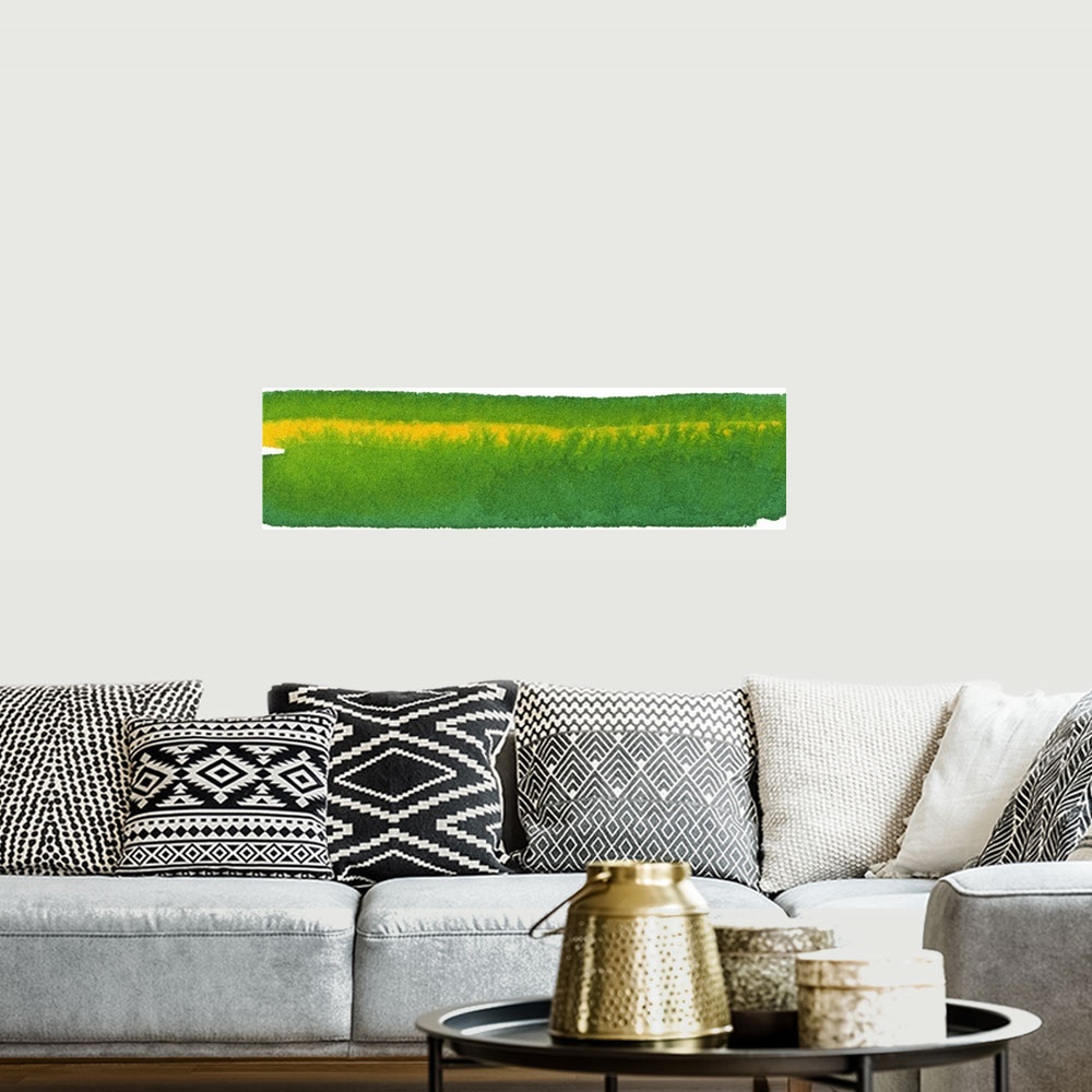 A bohemian room featuring Contemporary abstract painting using a rich kelly green and a golden yellow.