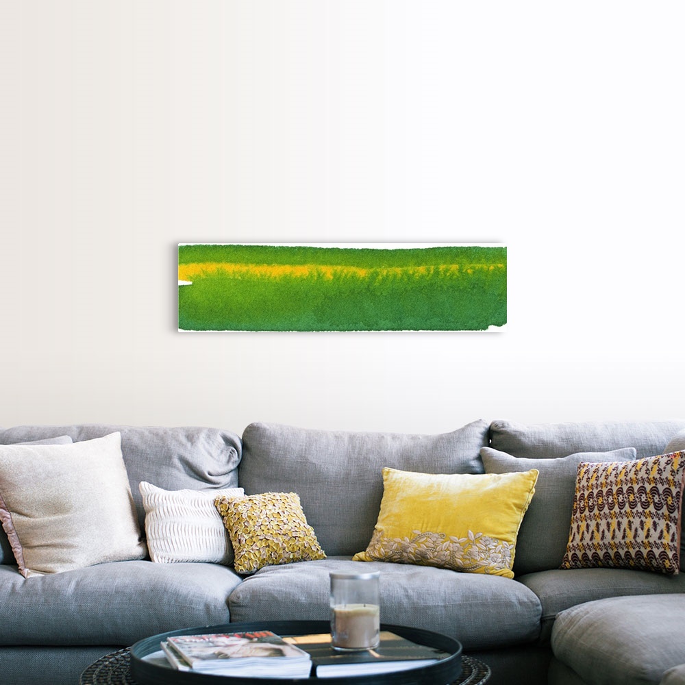 A farmhouse room featuring Contemporary abstract painting using a rich kelly green and a golden yellow.