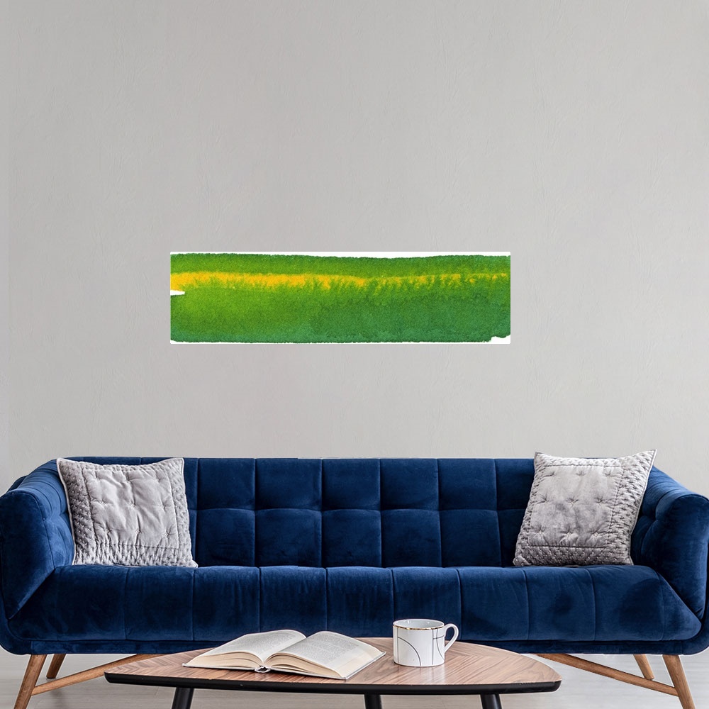A modern room featuring Contemporary abstract painting using a rich kelly green and a golden yellow.