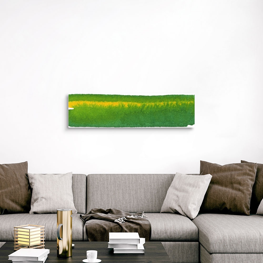 A traditional room featuring Contemporary abstract painting using a rich kelly green and a golden yellow.