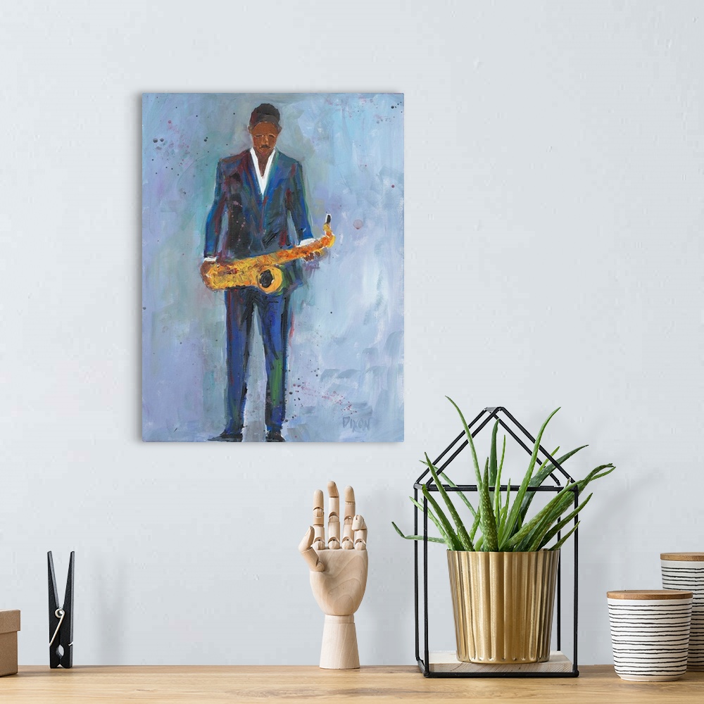 A bohemian room featuring Contemporary artwork of a man in a blue suit holding a saxophone.