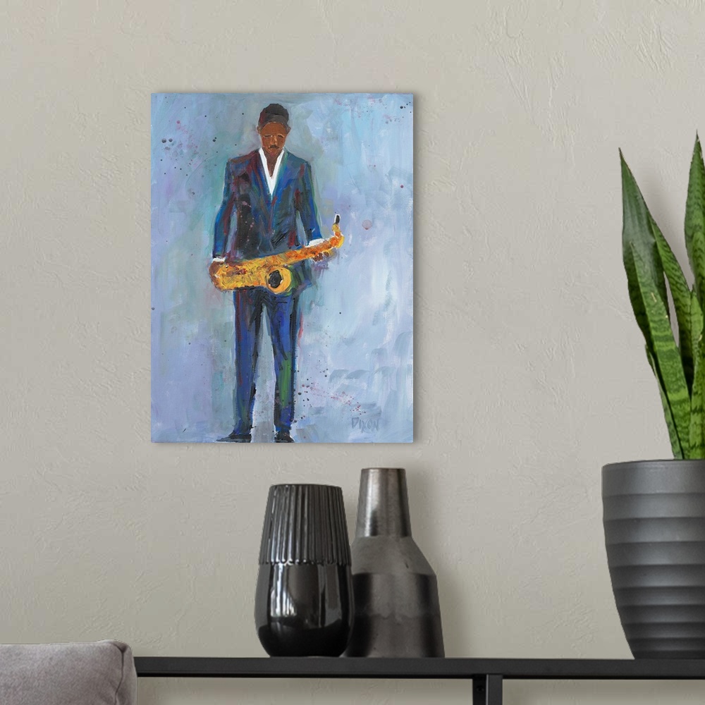 A modern room featuring Contemporary artwork of a man in a blue suit holding a saxophone.