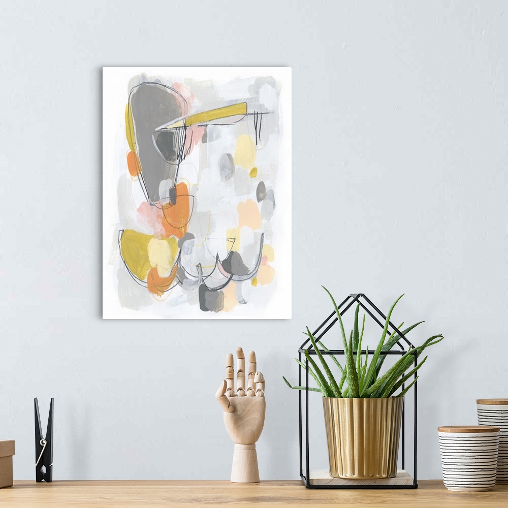 A bohemian room featuring Gestural shapes and bright funky colors complete this vertical contemporary artwork.