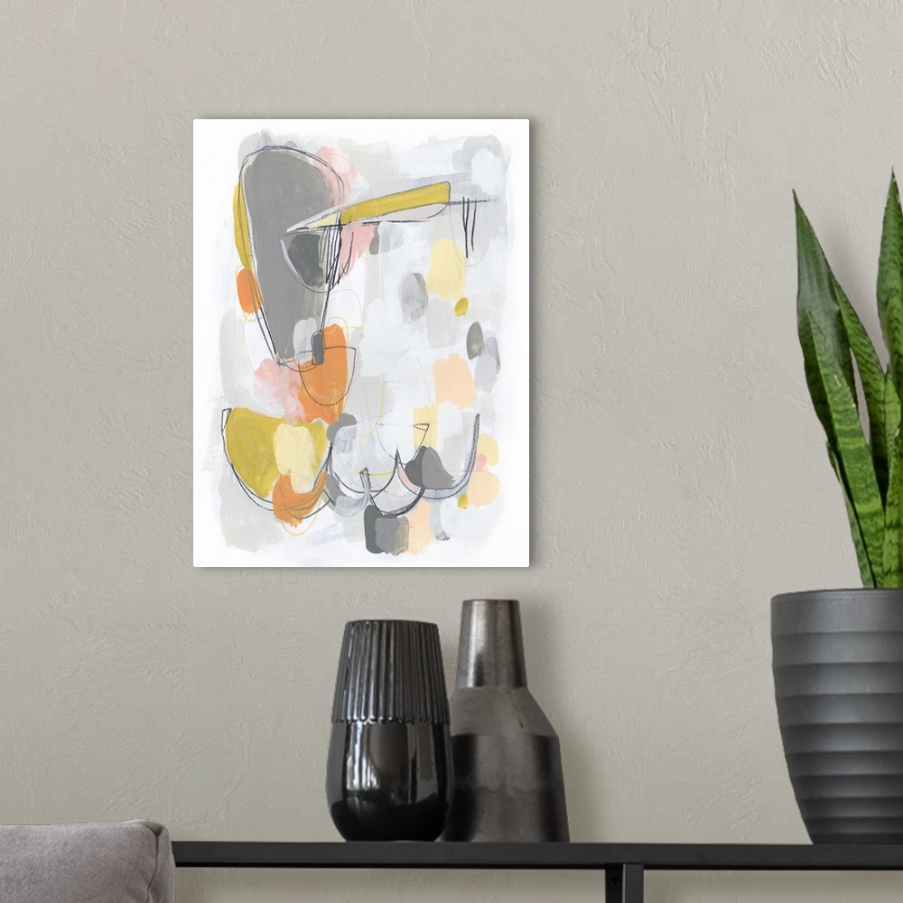 A modern room featuring Gestural shapes and bright funky colors complete this vertical contemporary artwork.