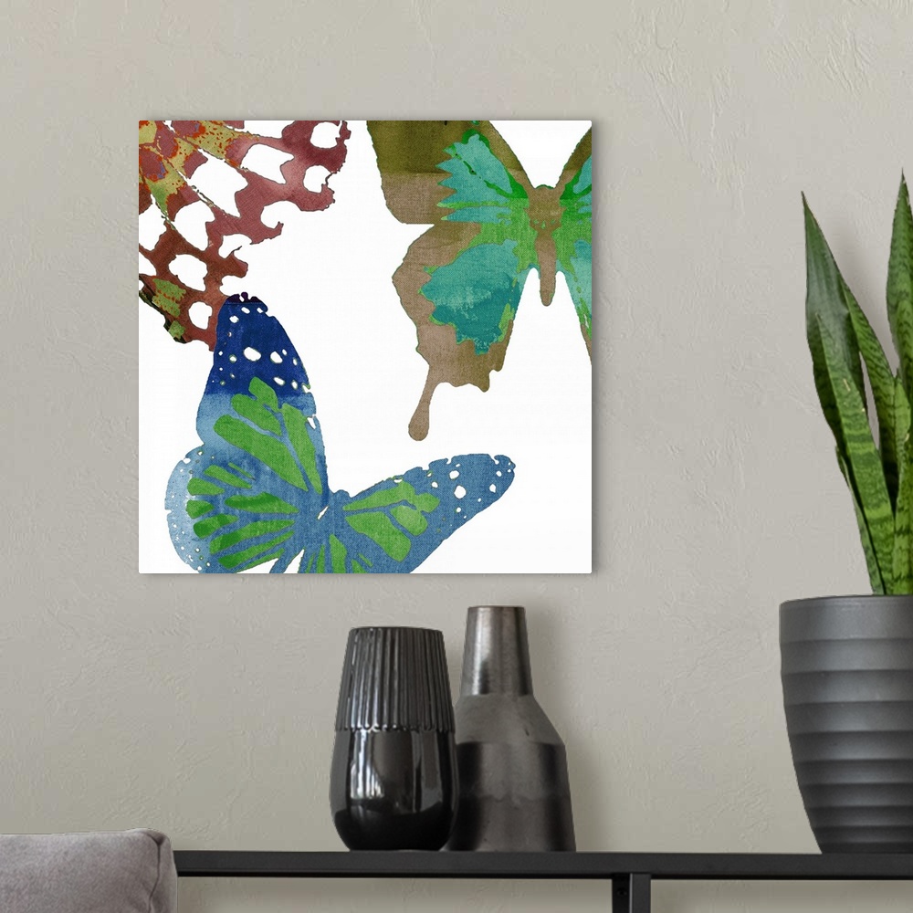 A modern room featuring Contemporary butterfly art using vibrant colors against a white background.