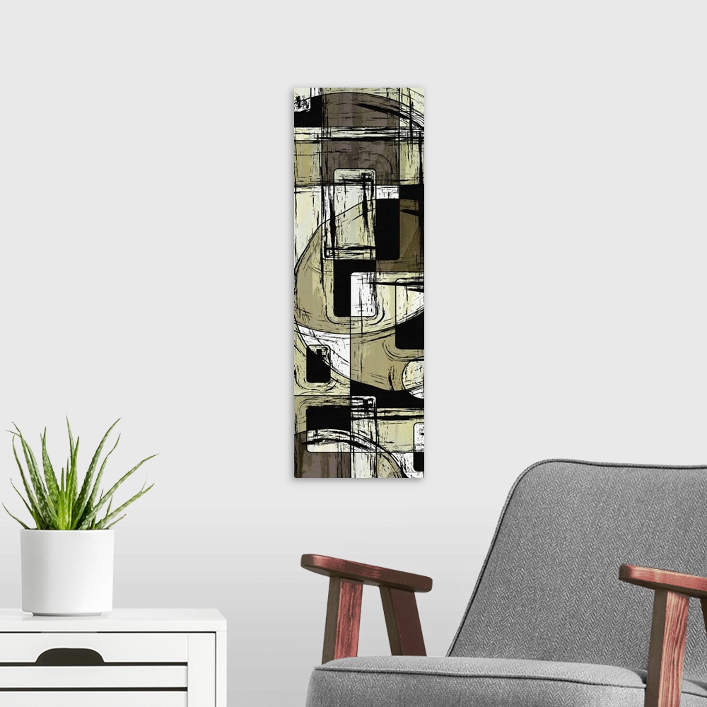 A modern room featuring Abstract artwork of organic and geometric shapes in neutral colors, with scratchy bold black lines.