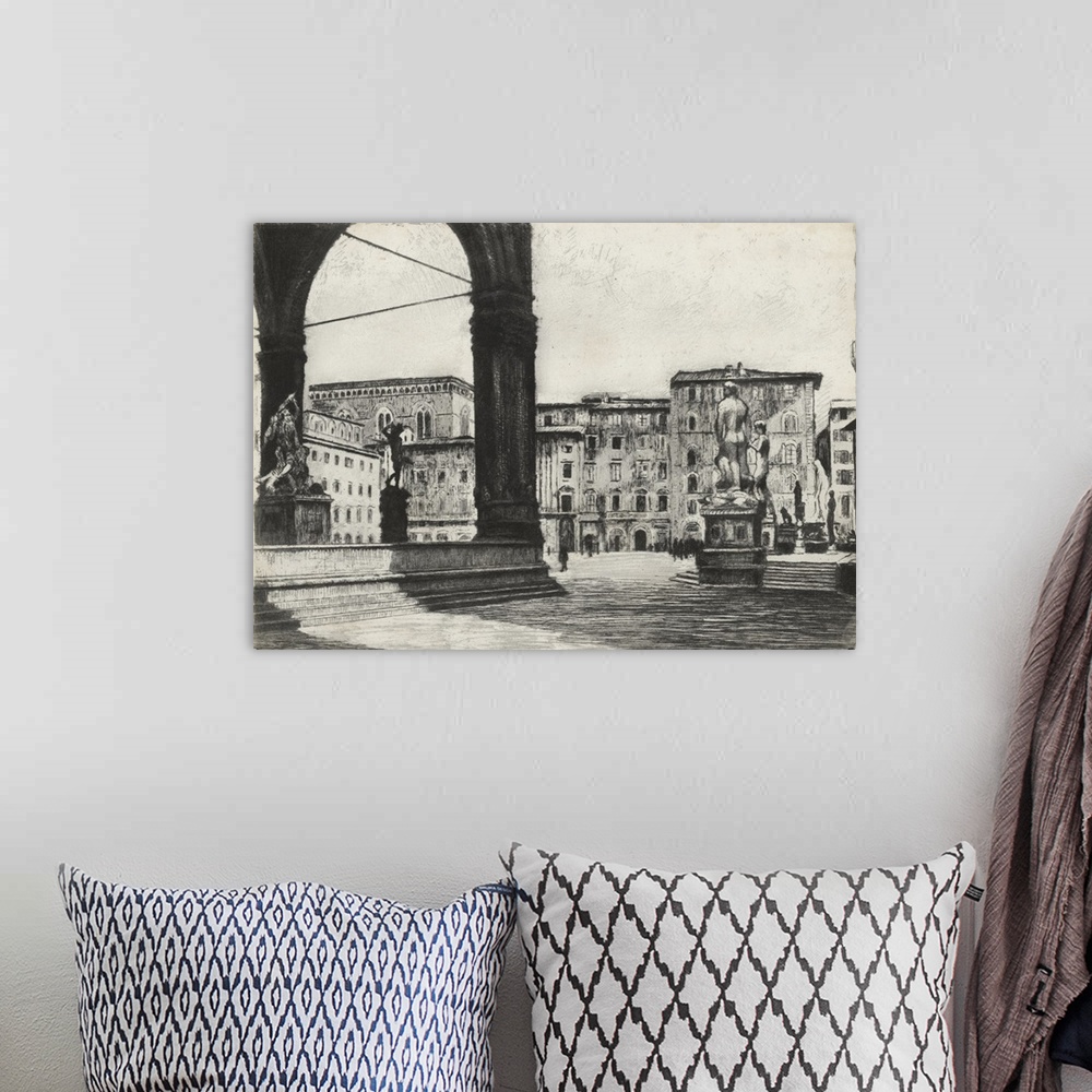 A bohemian room featuring Black and white drawing of statues in a town square of Florence, Italy.