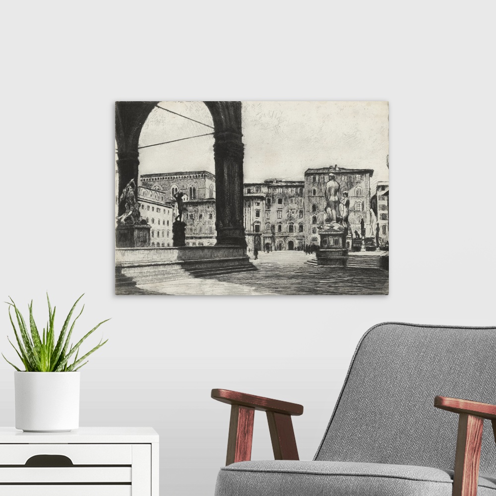 A modern room featuring Black and white drawing of statues in a town square of Florence, Italy.