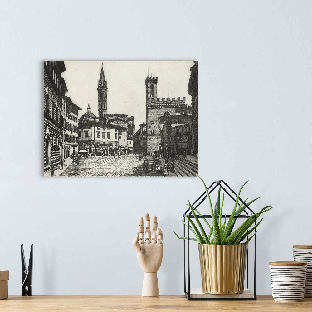 A bohemian room featuring A pen and ink drawing of a city square in Florence, Italy.