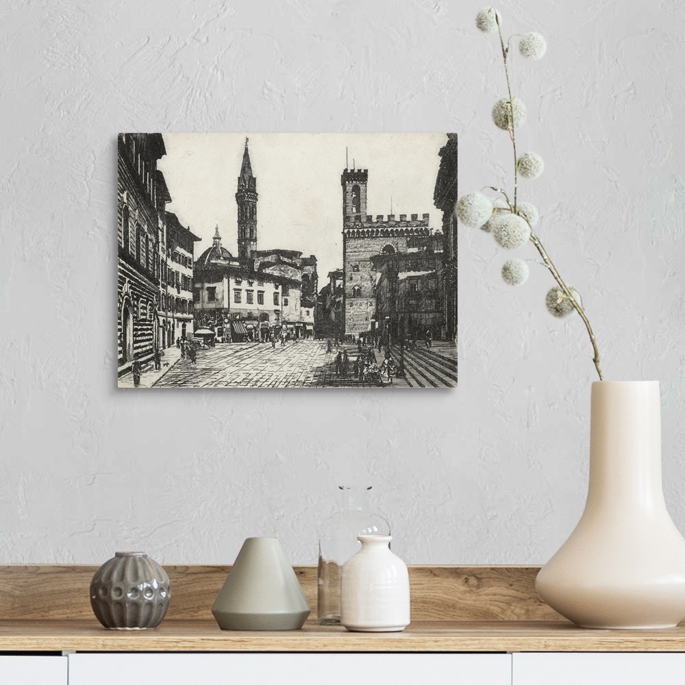 A farmhouse room featuring A pen and ink drawing of a city square in Florence, Italy.
