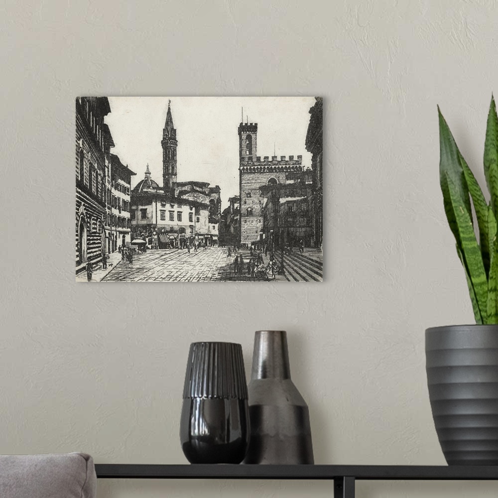 A modern room featuring A pen and ink drawing of a city square in Florence, Italy.