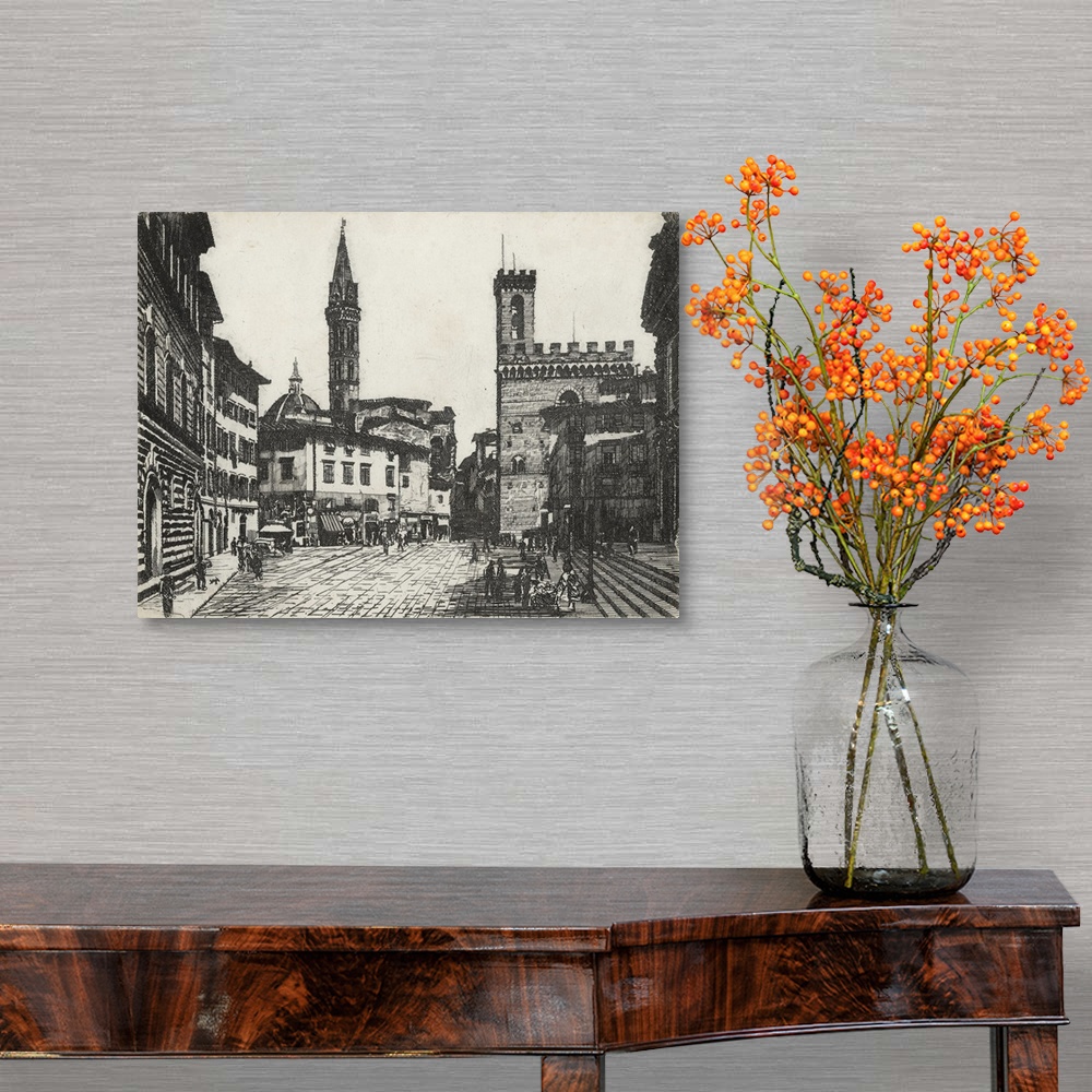 A traditional room featuring A pen and ink drawing of a city square in Florence, Italy.