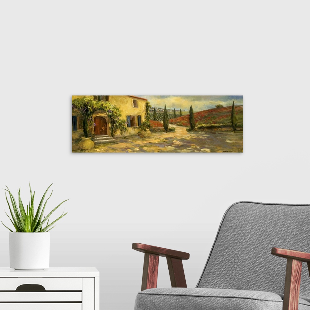 A modern room featuring A modern painting in a traditional style of a house and rolling hills in the Italy countryside.