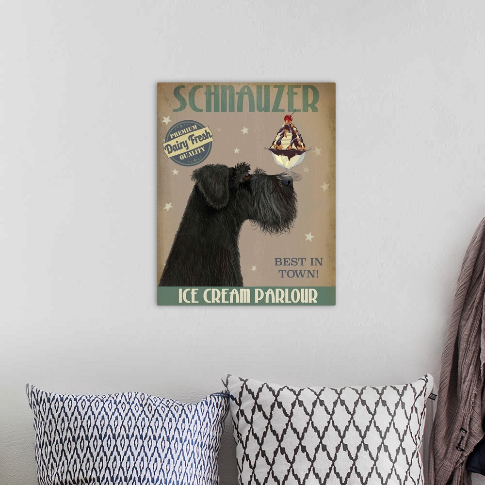 A bohemian room featuring Decorative artwork of a Schnauzer balancing an ice cream sundae on its nose in an advertisement f...
