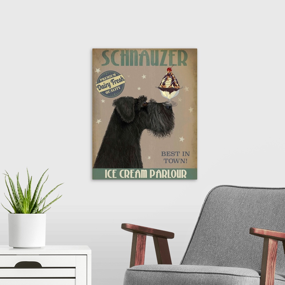 A modern room featuring Decorative artwork of a Schnauzer balancing an ice cream sundae on its nose in an advertisement f...