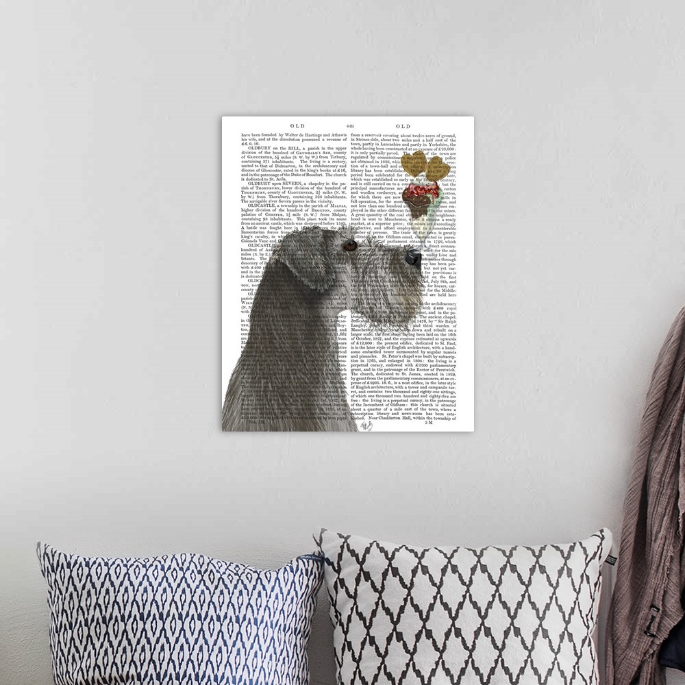 A bohemian room featuring Decorative artwork of a Schnauzer balancing an ice cream sundae on its nose, painted on the page ...