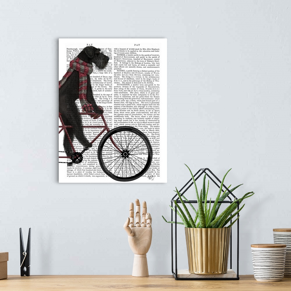 A bohemian room featuring Decorative artwork with a Schnauzer wearing a scarf and riding on a bicycle, painted on the page ...