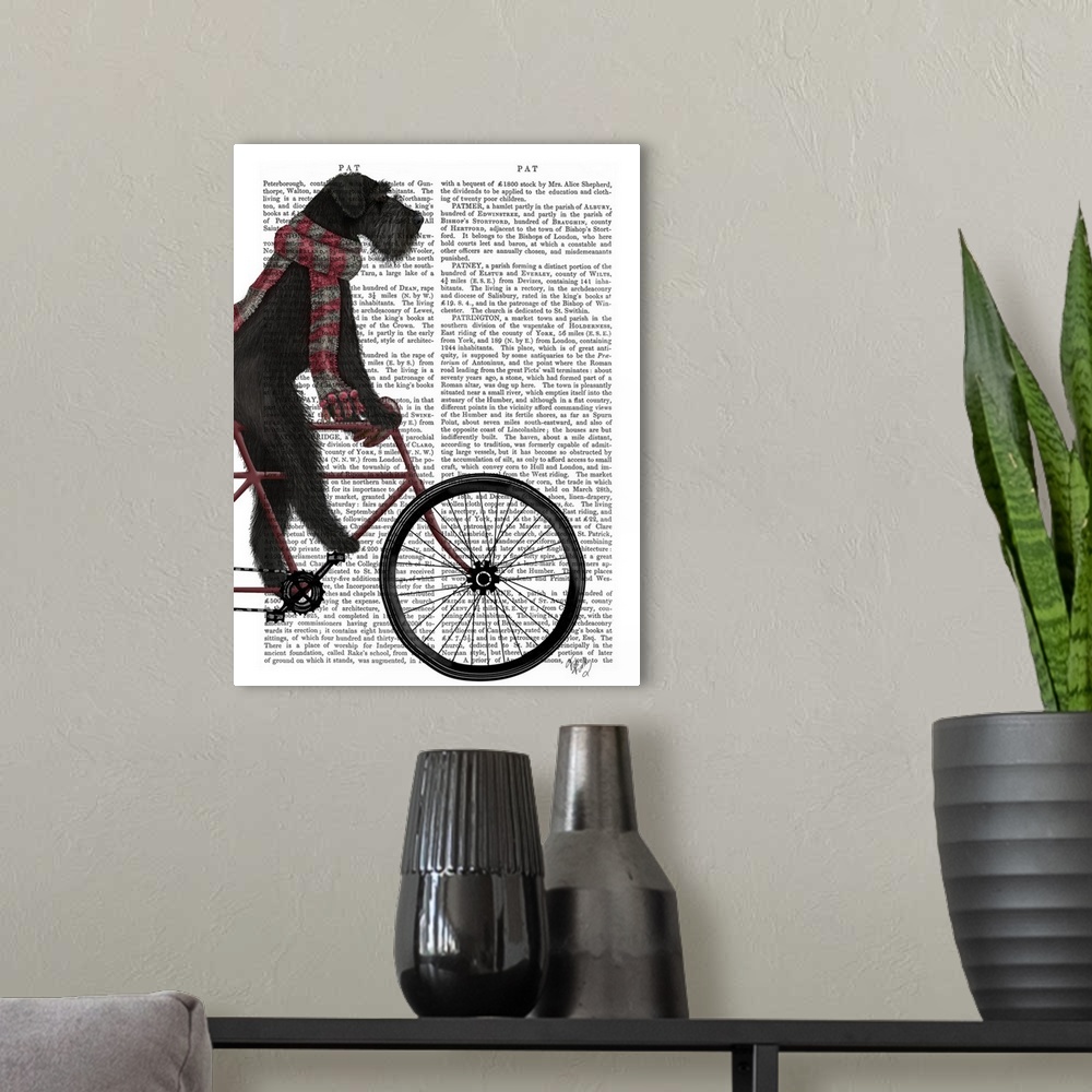 A modern room featuring Decorative artwork with a Schnauzer wearing a scarf and riding on a bicycle, painted on the page ...
