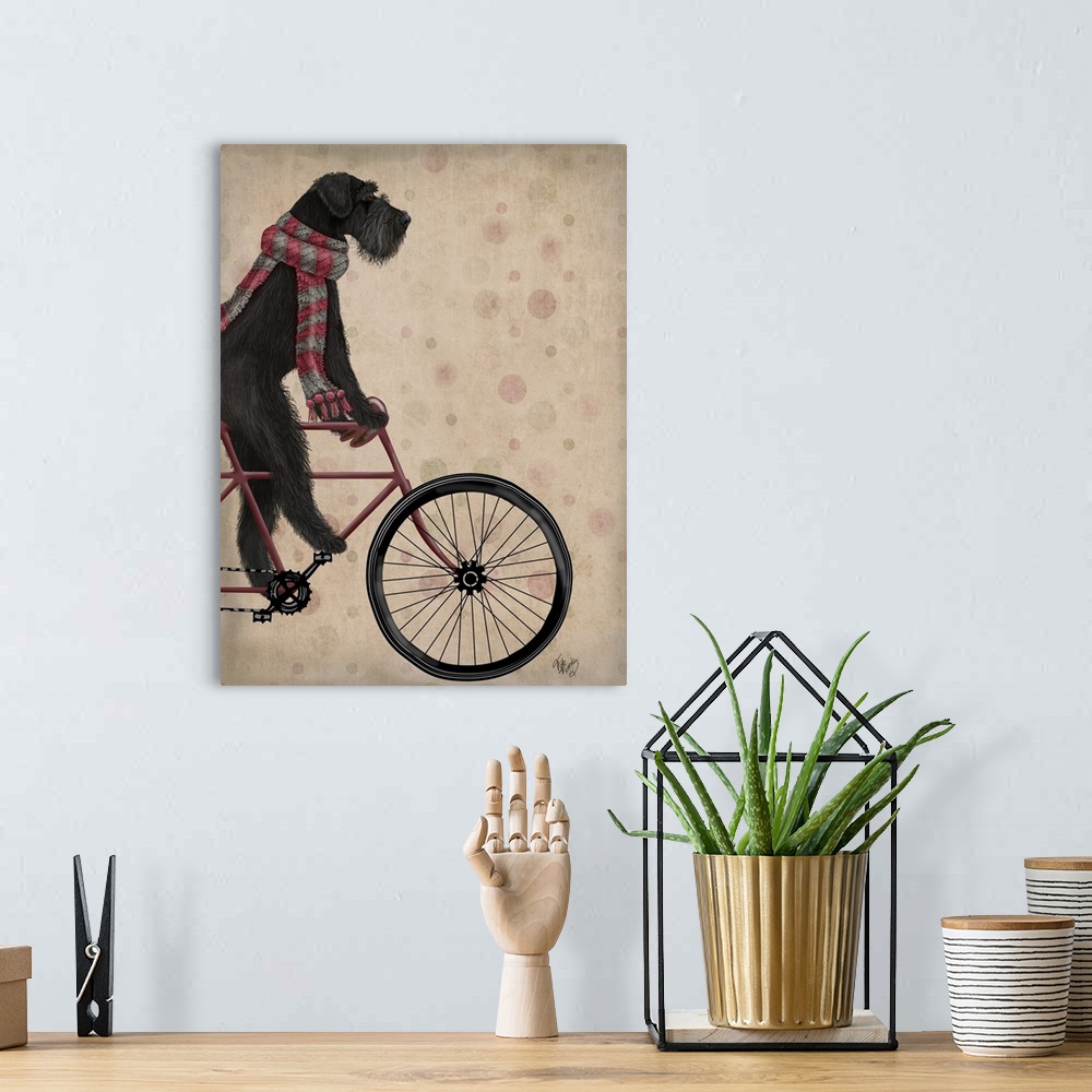 A bohemian room featuring Decorative artwork of a black Schnauzer riding on a red bicycle and wearing a matching scarf.