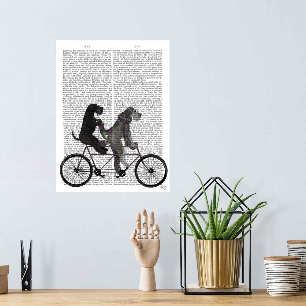 A bohemian room featuring Decorative artwork of two Schnauzers riding on a tandem bicycle, painted on the page of a book.