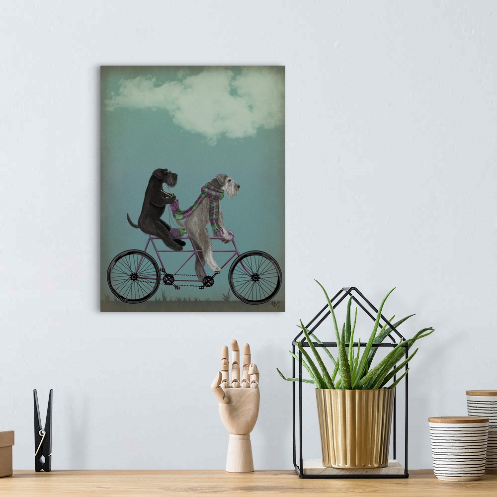 A bohemian room featuring Decorative artwork of two Schnauzers riding on a purple tandem bicycle while the one in the back ...