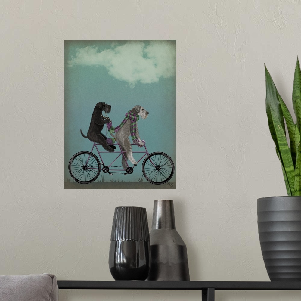 A modern room featuring Decorative artwork of two Schnauzers riding on a purple tandem bicycle while the one in the back ...