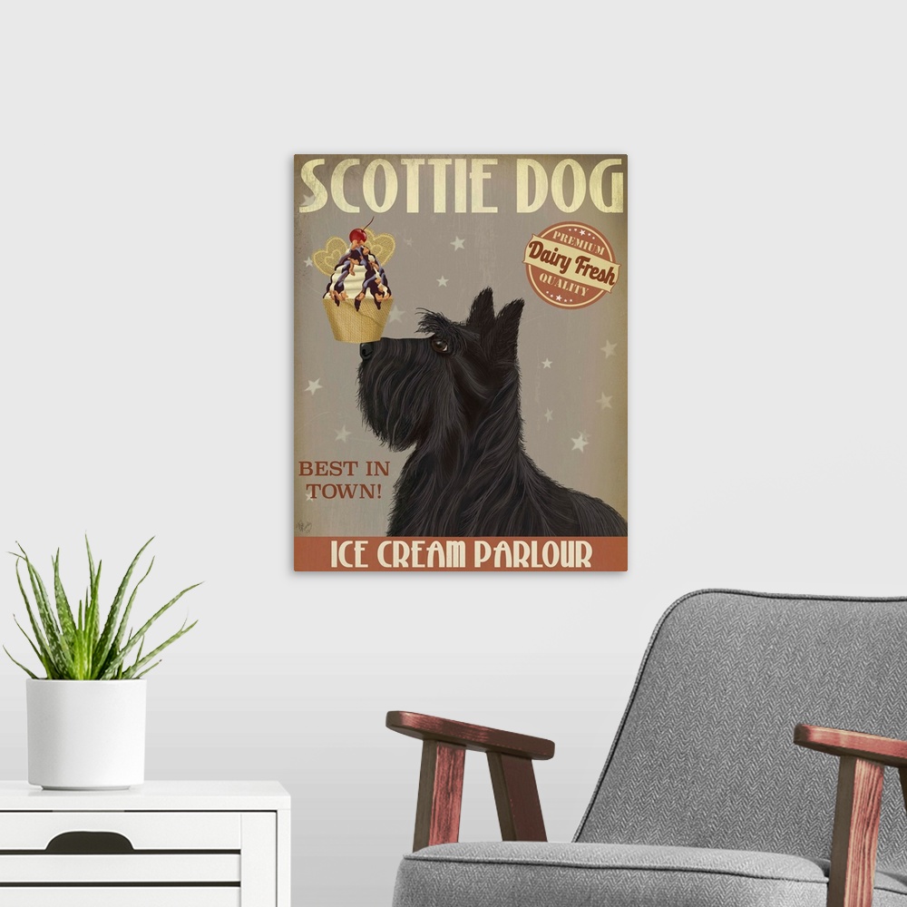A modern room featuring Decorative artwork of a Scottish Terrier balancing an ice cream sundae on its nose in an advertis...