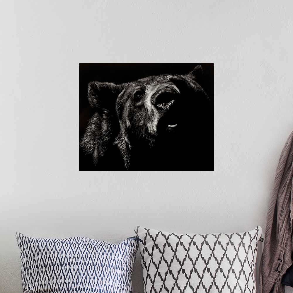 A bohemian room featuring Black and white illustration of a bear up close.