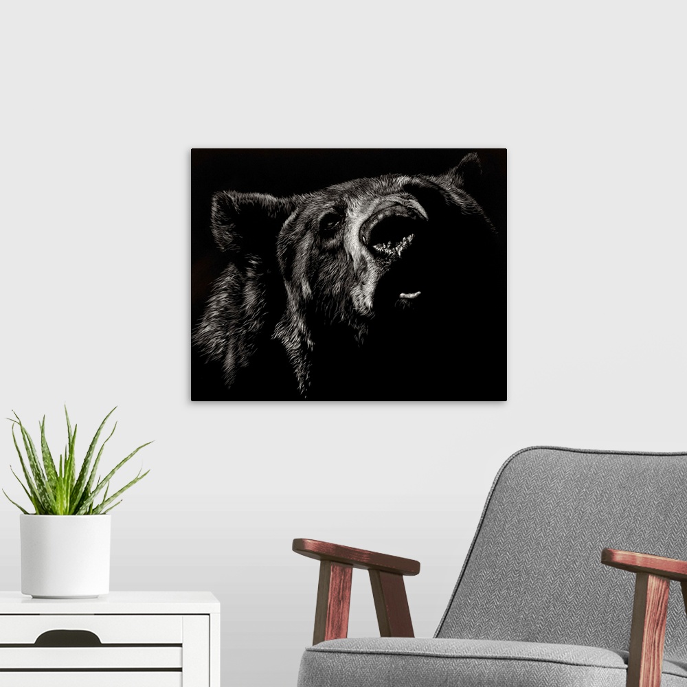 A modern room featuring Black and white illustration of a bear up close.