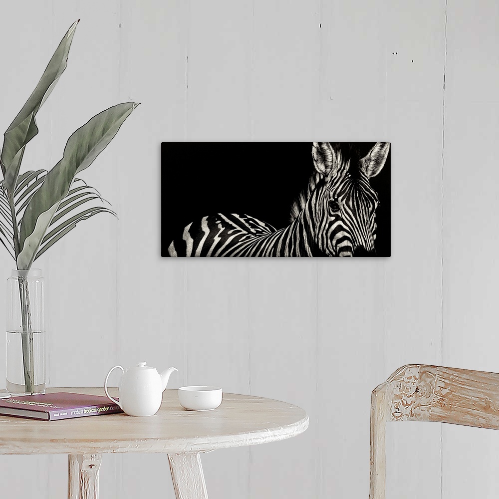 A farmhouse room featuring Contemporary scratchboard artwork of a zebra, emphasizing its stripes.