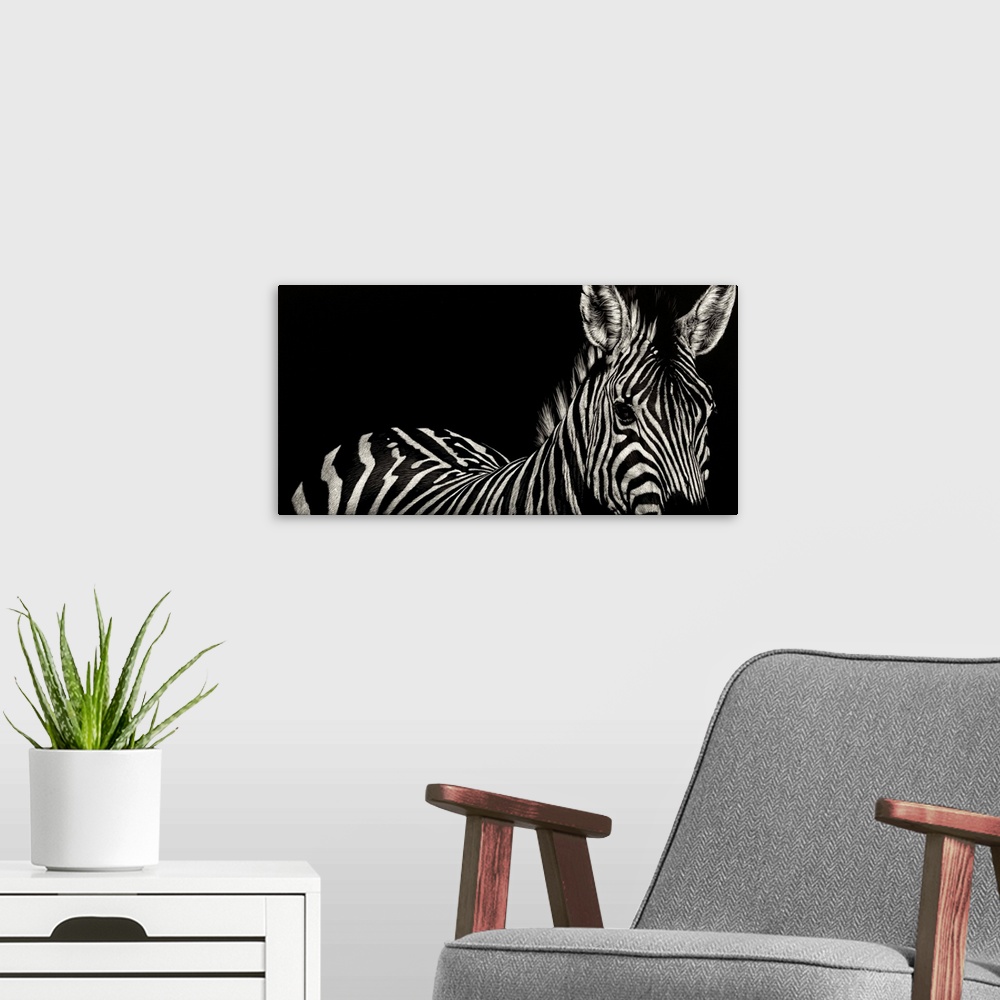 A modern room featuring Contemporary scratchboard artwork of a zebra, emphasizing its stripes.