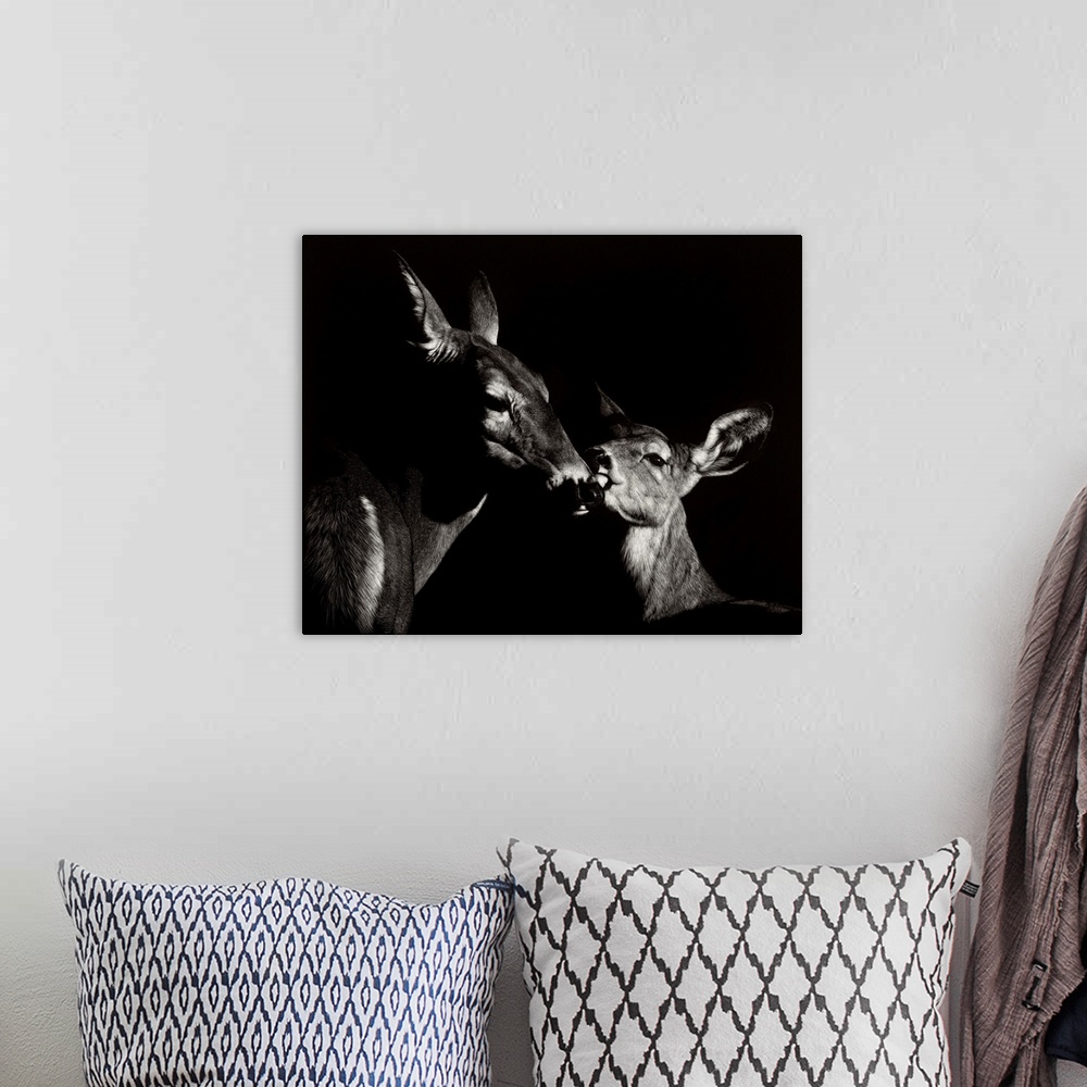 A bohemian room featuring Contemporary scratchboard artwork of a mother deer nuzzling her young fawn.