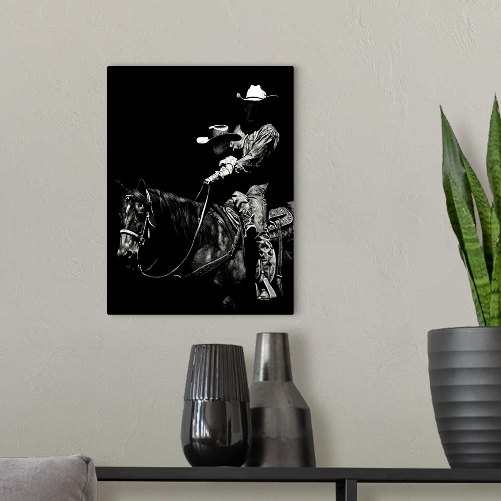 A modern room featuring Black and white lifelike illustration of a cowboy and child riding a horse.