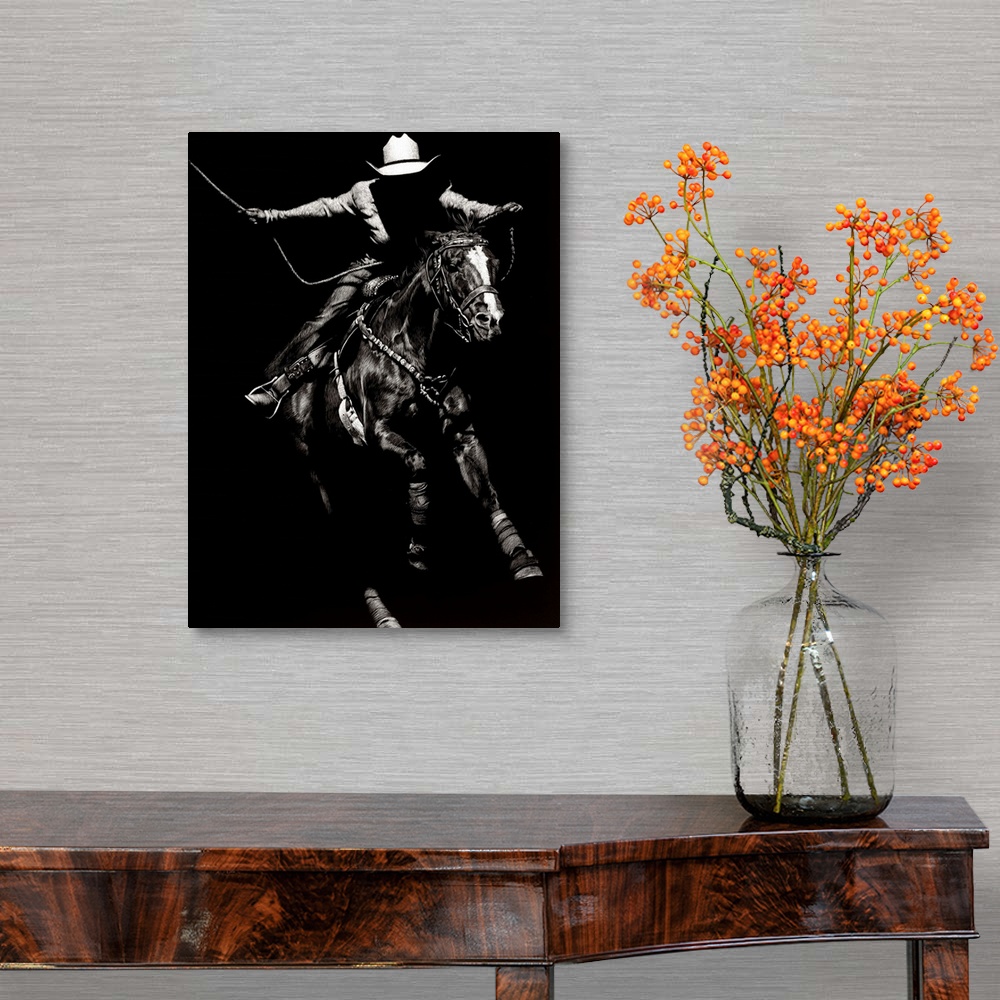 A traditional room featuring Black and white lifelike illustration of a cowboy riding a horse.