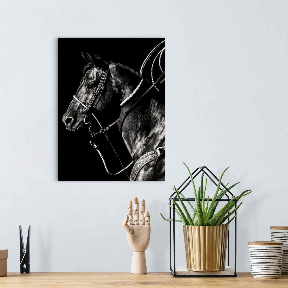 A bohemian room featuring Black and white lifelike illustration of a horse with a lasso in the background.