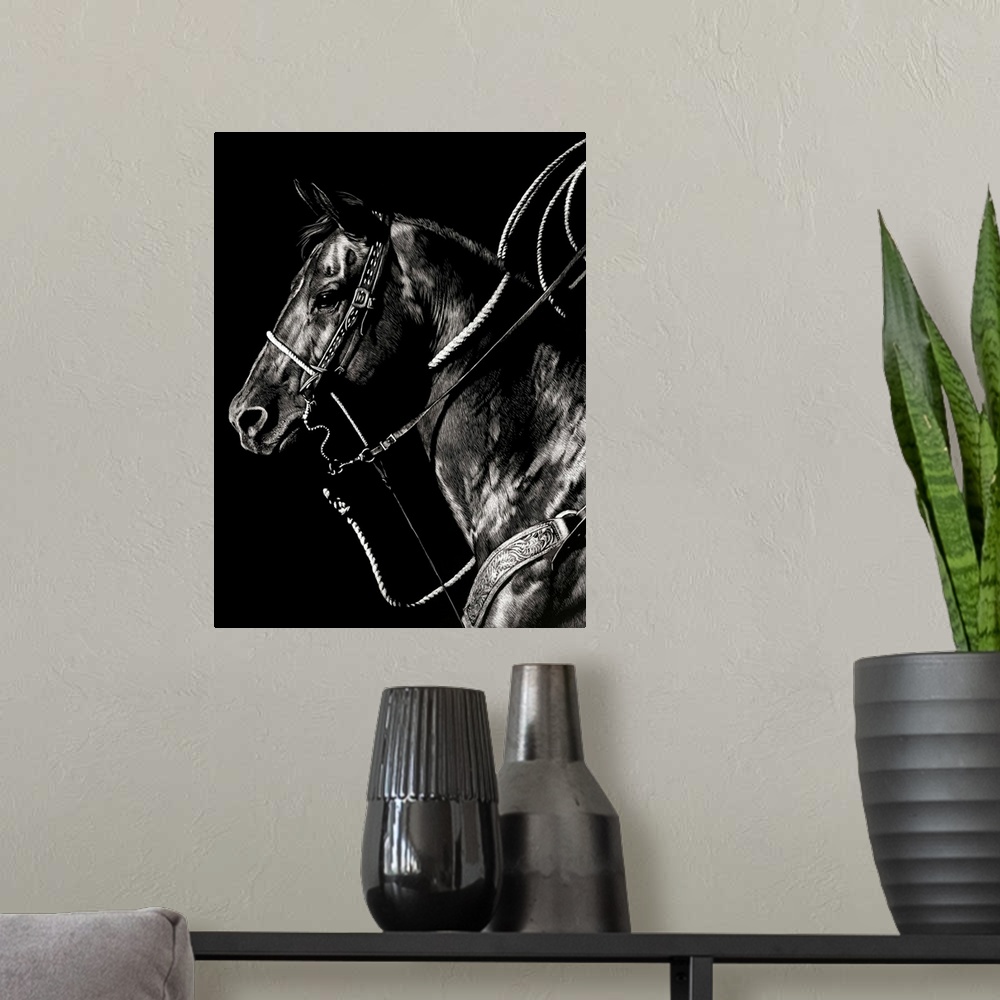 A modern room featuring Black and white lifelike illustration of a horse with a lasso in the background.