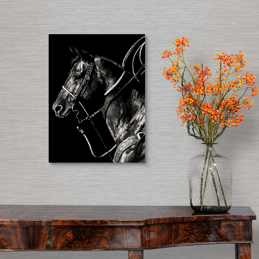 A traditional room featuring Black and white lifelike illustration of a horse with a lasso in the background.