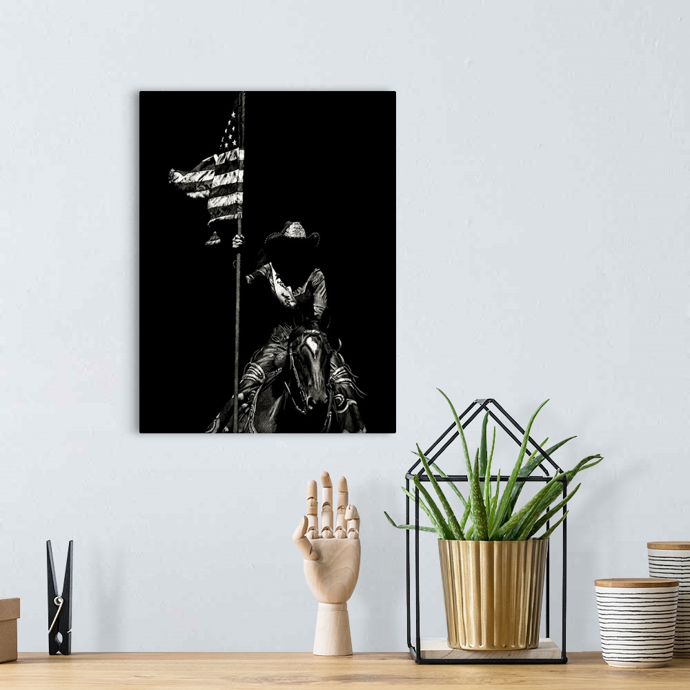 A bohemian room featuring Black and white lifelike illustration of a cowboy holding an American flag while sitting on the b...