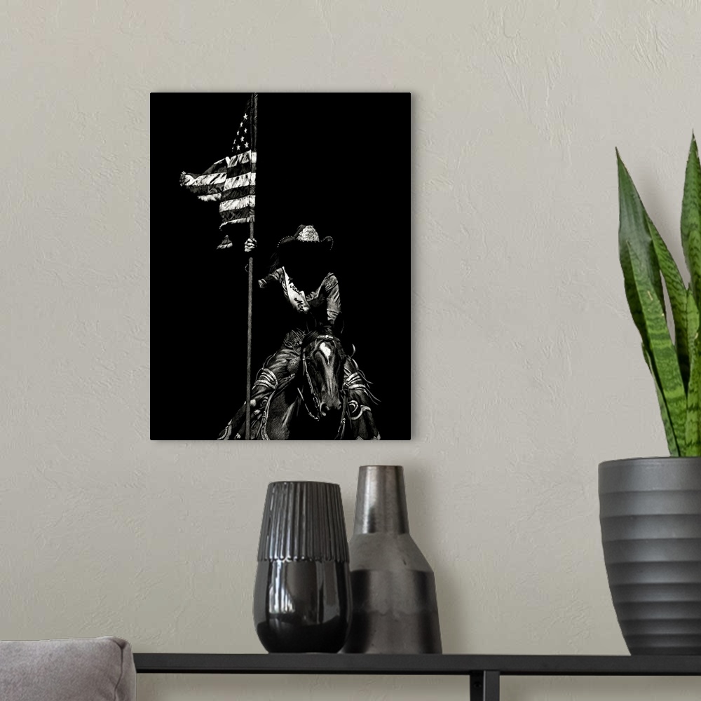 A modern room featuring Black and white lifelike illustration of a cowboy holding an American flag while sitting on the b...
