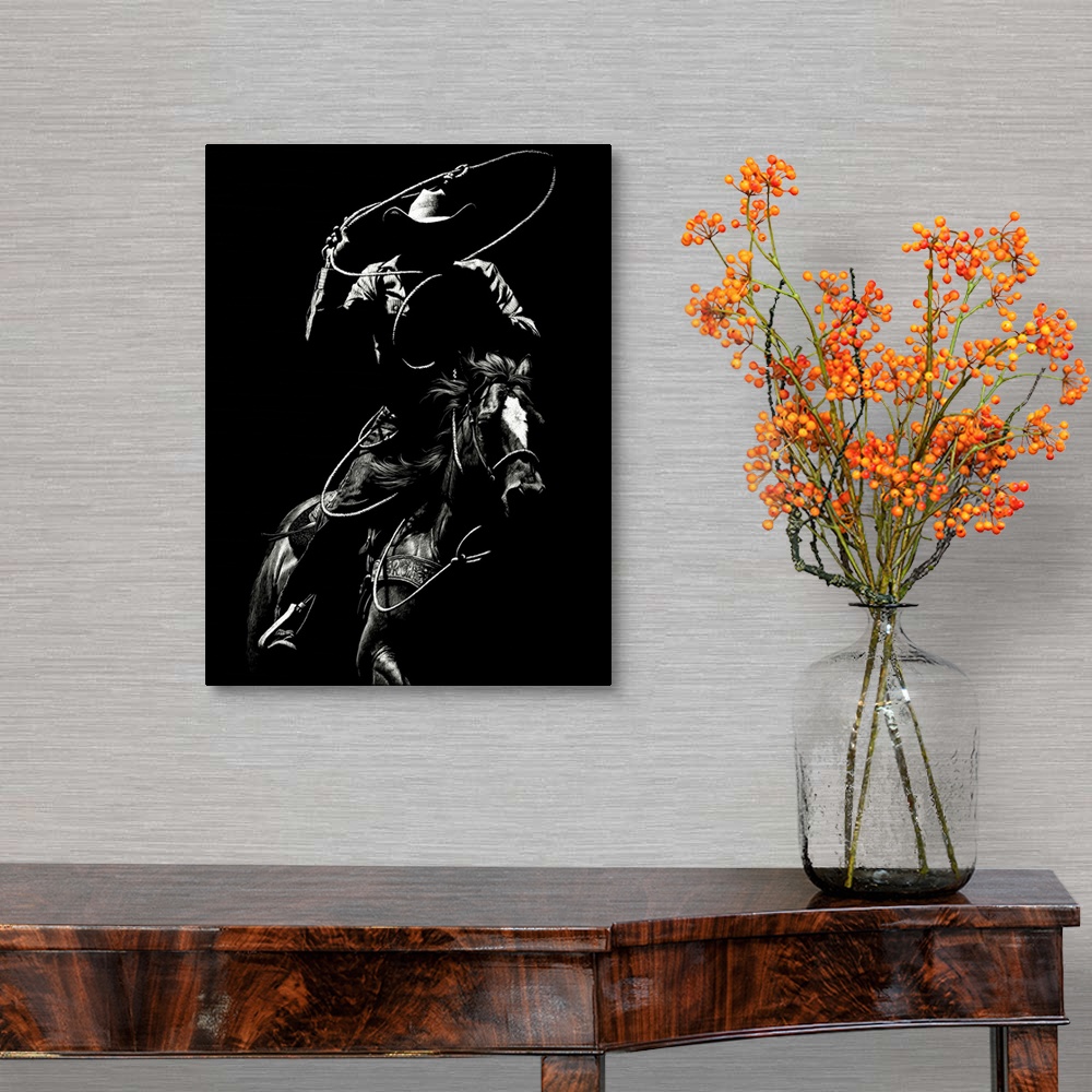 A traditional room featuring Black and white lifelike illustration of a cowboy riding a horse with a lasso.