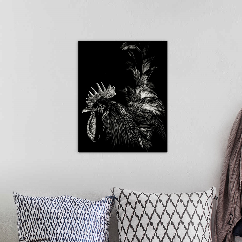 A bohemian room featuring Black and white illustration of a rooster with a large comb and long tail.