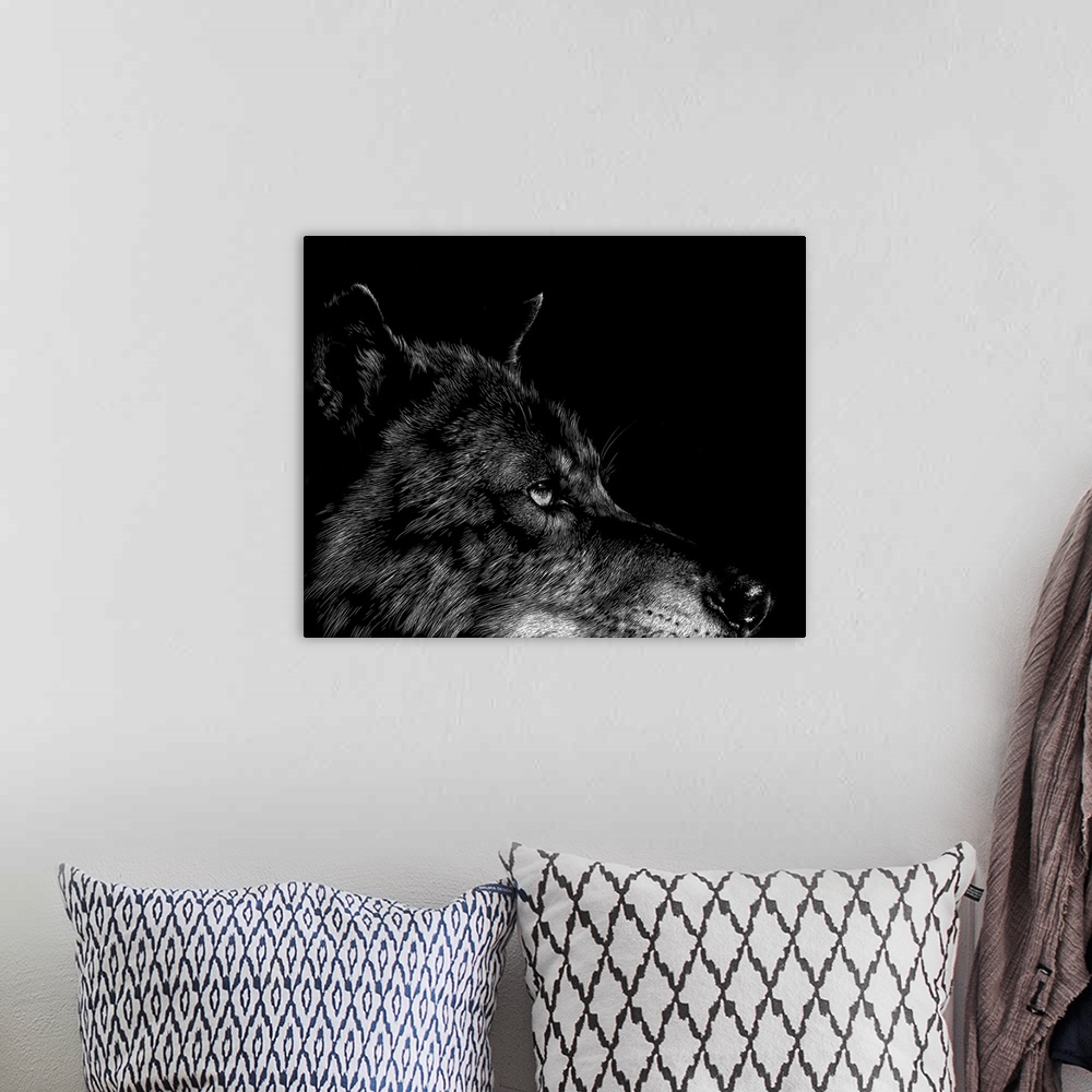 A bohemian room featuring Black and white illustration of a wolf's face with intense eyes.