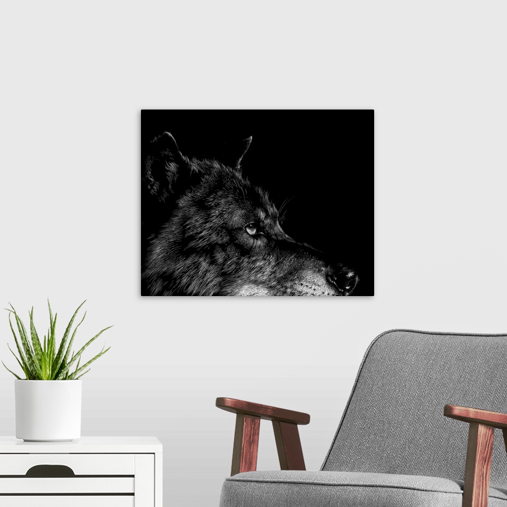A modern room featuring Black and white illustration of a wolf's face with intense eyes.